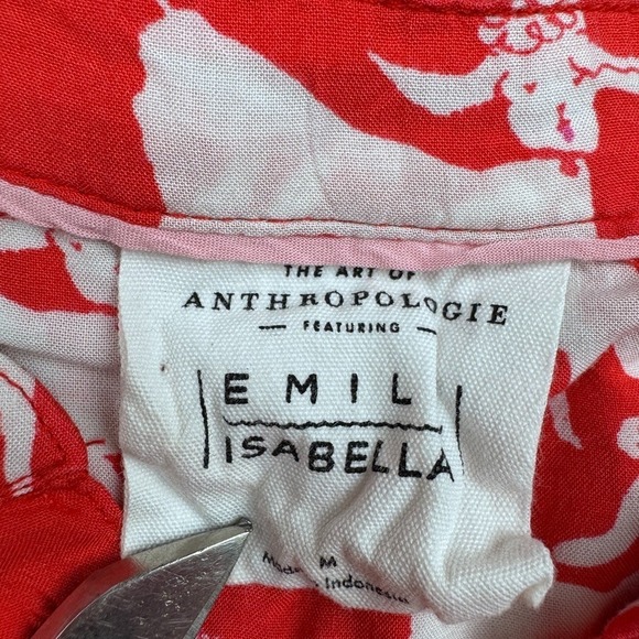Anthropologie Emil Isabella Blouse Women's Medium Red Dog Print Short Sleeve Top - Picture 2 of 7